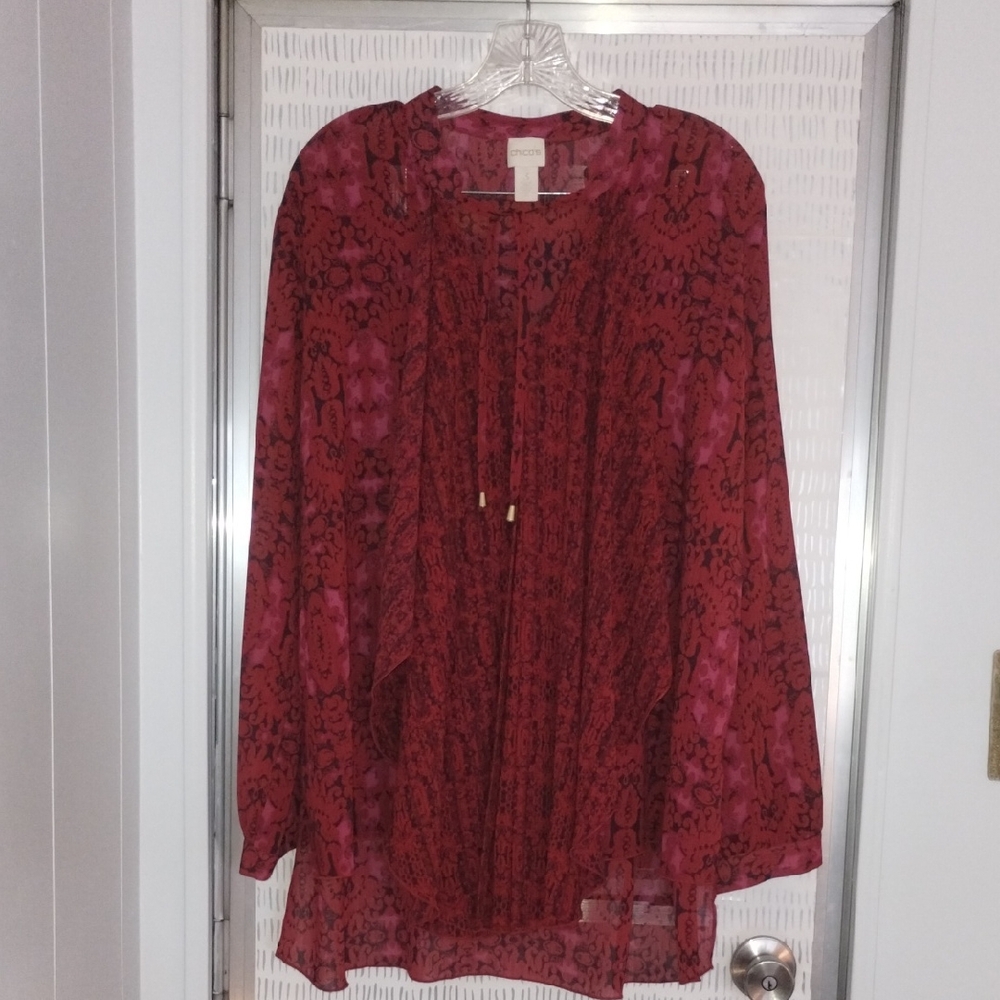 Chico's Vibrant Georgette Red Flowy Blouse Shirt … - image 1